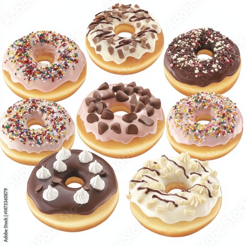 Assorted donuts with various toppings.  Each donut is individually decorated with different toppings like sprinkles, chocolate chips, icing, and drizzled toppings