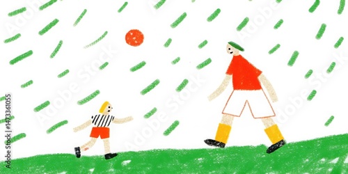 Illustration of father and child playing soccer game on green field art , hand drawing.