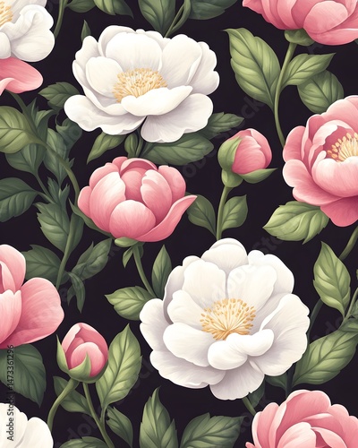 A repeating pattern of pink and white peonies with green leaves on a black background