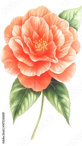A single peach-colored camellia with green leaves
