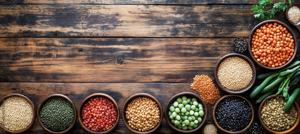A Colorful Collection of Legumes and Grains on Rustic Wooden Background A Colorful Collection of Legumes and Grains on Rustic Wooden Background
