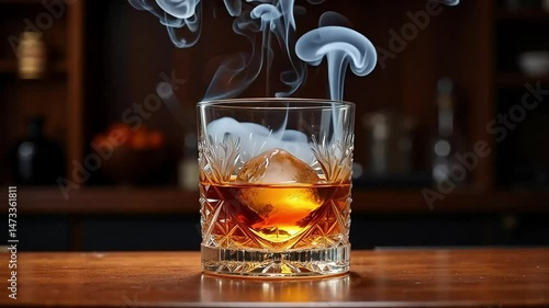 Indulge in the rich aroma and amber hues of this exquisite whiskey glass perfectly chilled with ice a sophisticated drink for refined palates perfect for a luxurious evening