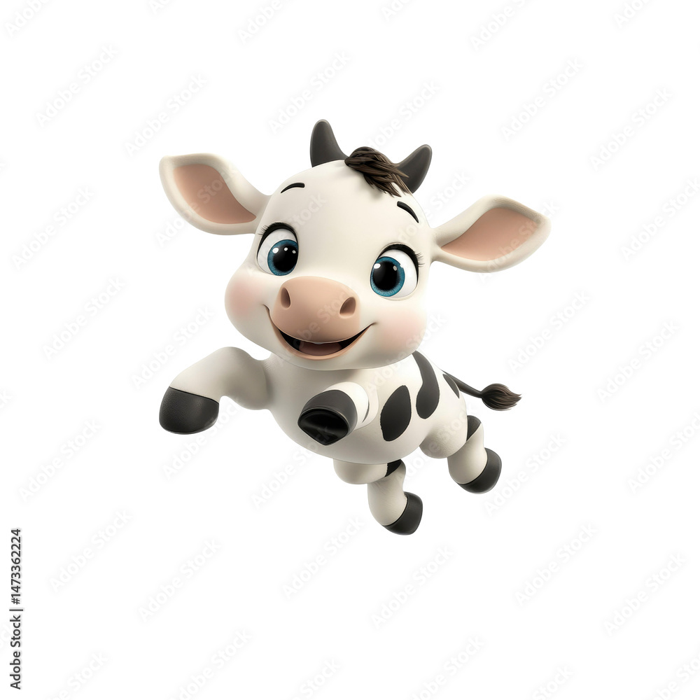 Fototapeta premium Adorable Jumping Calf 3D Render of a Happy Cow Cartoon Character