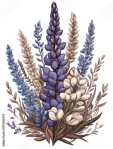 A vibrant bouquet of blue and white flowers with delicate brown stems and leaves