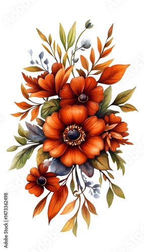 A vibrant bouquet of orange flowers with green leaves and blue accents