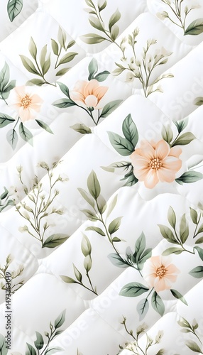 A white background with a repeating pattern of delicate peach flowers and green leaves