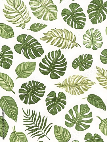 A white background with a scattering of green tropical leaves, some large and some small, creating a vibrant and natural pattern