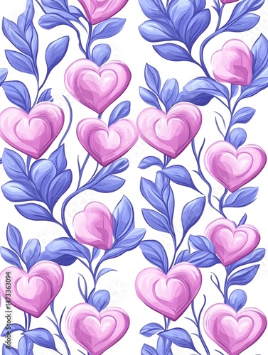 A white background with blue vines and pink hearts