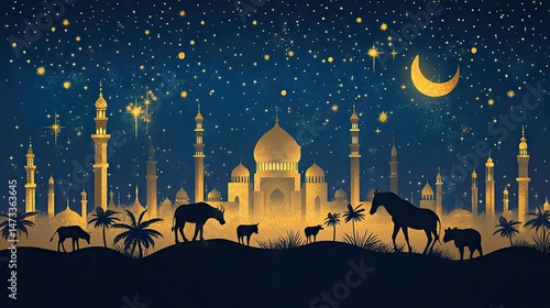 Festival greeting banner with blue and gold theme, silhouettes of animals and mosque photo