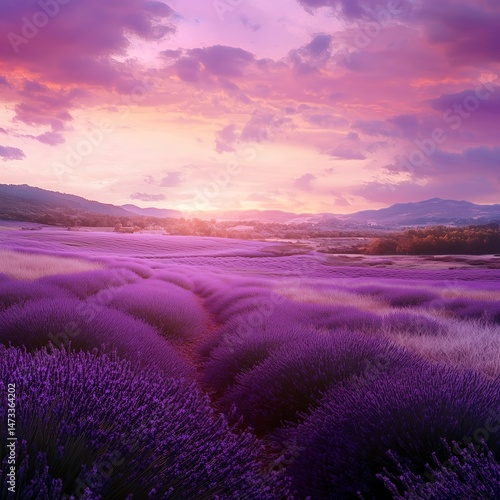 Tranquil Lavender Fields at Sunset: Vibrant Purple Horizon Over Scenic Rural Landscape