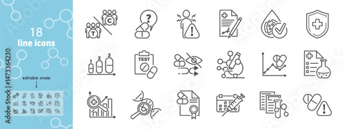 Vector icons set related to medical trial. Represents study, research, test and clinic processes. Control group, placebo, informed consent illustration. Designed for educational or clinical use.