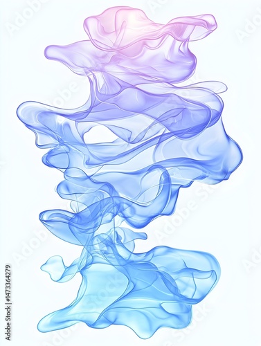An abstract image featuring a vertical column of wispy, swirling, translucent shapes in shades of blue, pink, and purple against a white background