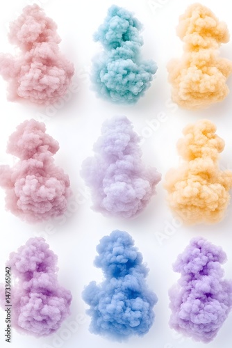 Nine colorful smoke plumes arranged in a grid against a white background
