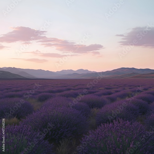 Lavender Field at Sunset: Serene Mountain Landscape with Purple Flowers in Vibrant Summer Valley Scenery