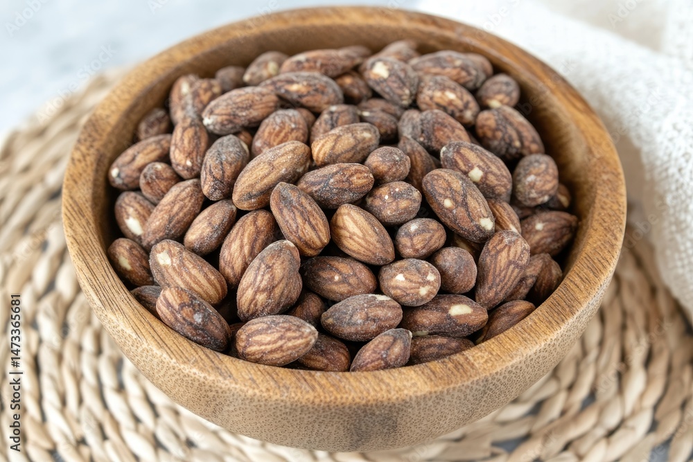 Fototapeta premium Roasted almonds in a wooden bowl