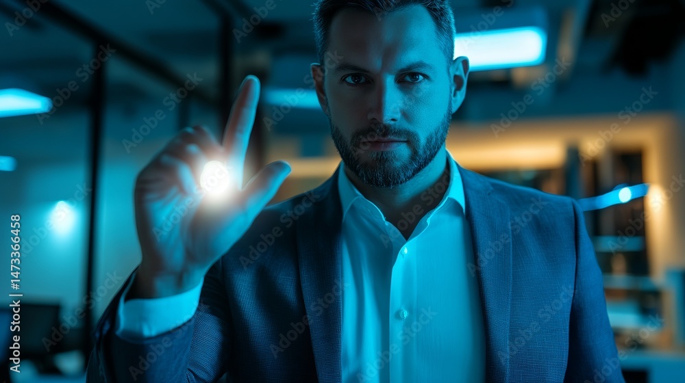 Obraz premium Confident Businessman Innovative Technology Blue Light Digital Future Modern Professional Man Serious Expression Futuristic Interface Advanced