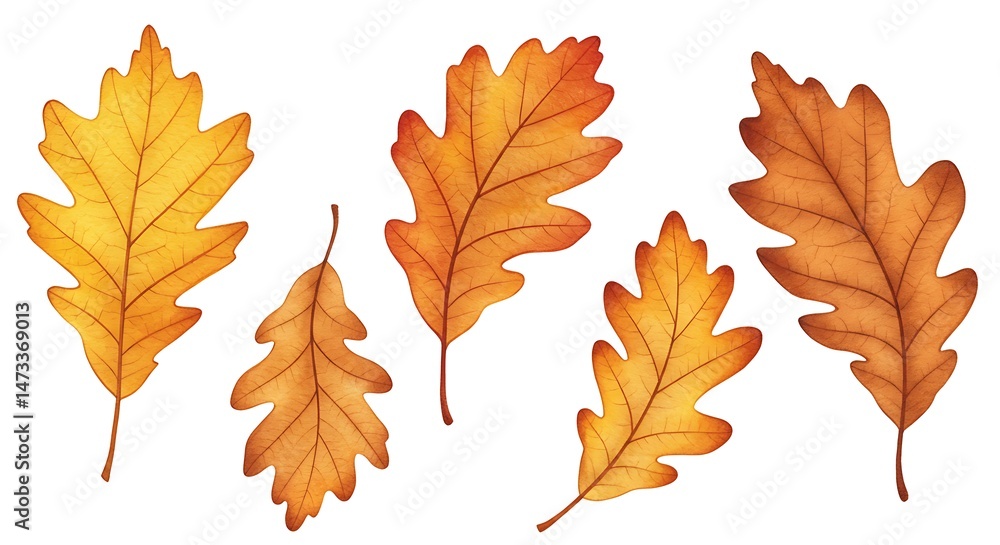 Fototapeta premium Golden Autumn Oak Leaves: Watercolor Illustration of Fall Foliage