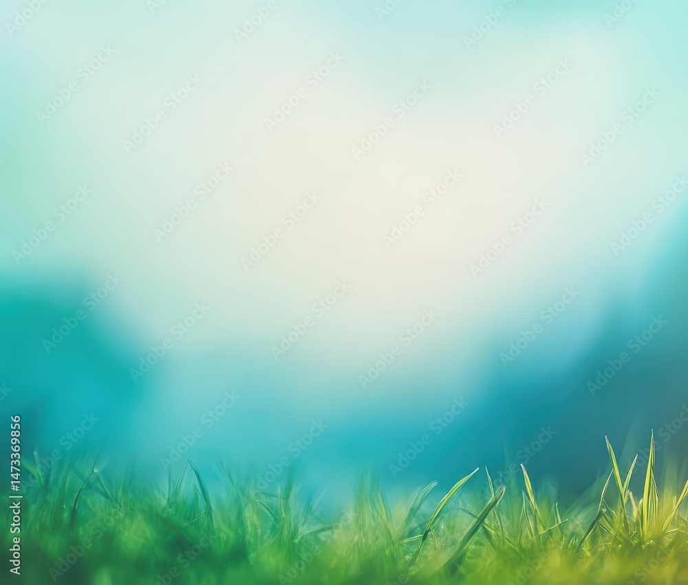 Obraz premium Delicate green grass leading to a soft, hazy backdrop of teal and light blue
