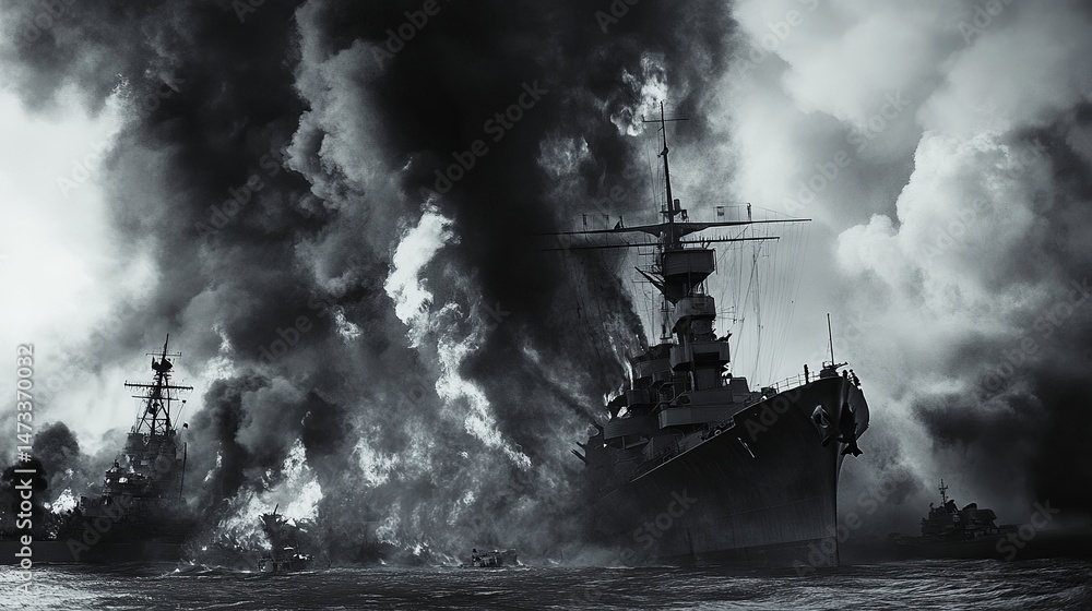 Fototapeta premium Dramatic Black and White Image of Burning Ships at Sea Powerful Wartime Navy Vessels Destroyed in Epic Naval Battle Smoke and Fire Engulfing 
