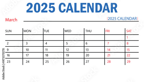 2025 March calendar template