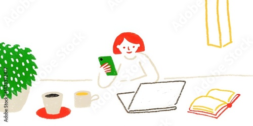 Woman using phone at desk with laptop and coffee work from home illustration , hand drawing.