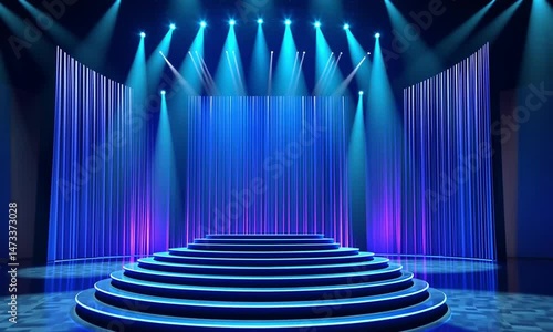 A blue and purple stage with a circular staircase, illuminated by spotlights