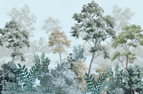 Exotic Panoramic Wallpaper mural, Garden Wallpaper, Mughal Garden, Watercolor tree and Background.