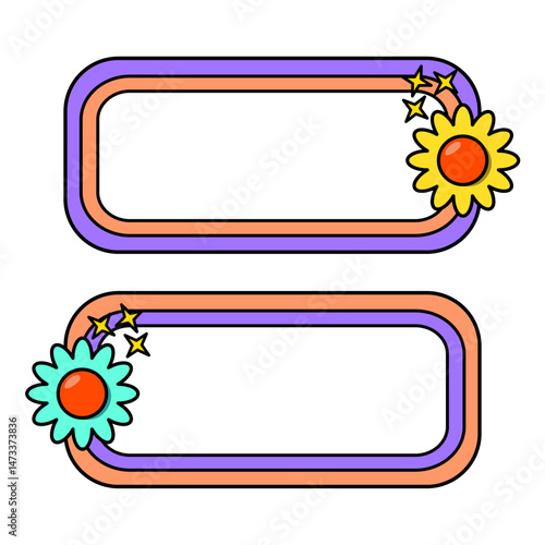 Cute name tag with retro flowers for label planner sticker. Rounded rectangle retro frame. Retro rainbow name tag frame. Pop retro groovy frame with retro flowers.