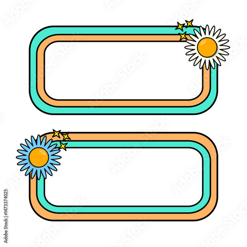 Cute name tag with retro flowers for label planner sticker. Rounded rectangle retro frame. Retro rainbow name tag frame. Pop retro groovy frame with retro flowers.