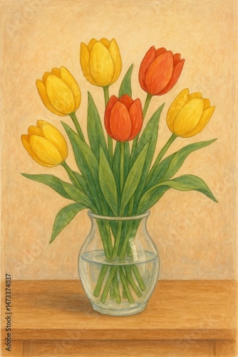 Wallpaper Mural Bright yellow and red tulips in a clear glass vase on a wooden table Torontodigital.ca