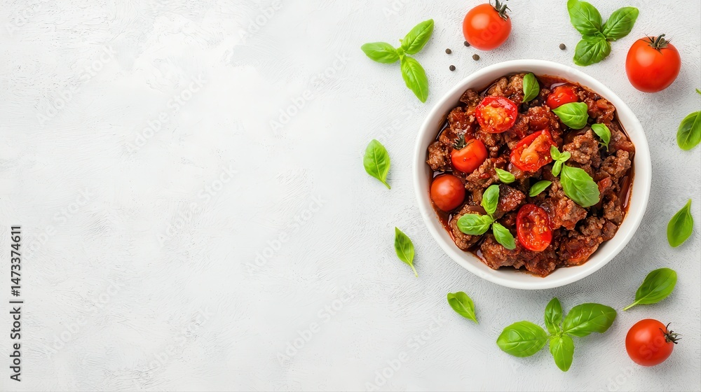 A flavorful bolognese sauce with basil and tomatoes is served in a bowl. A flavorful bolognese sauce with basil and tomatoes is served in a bowl.