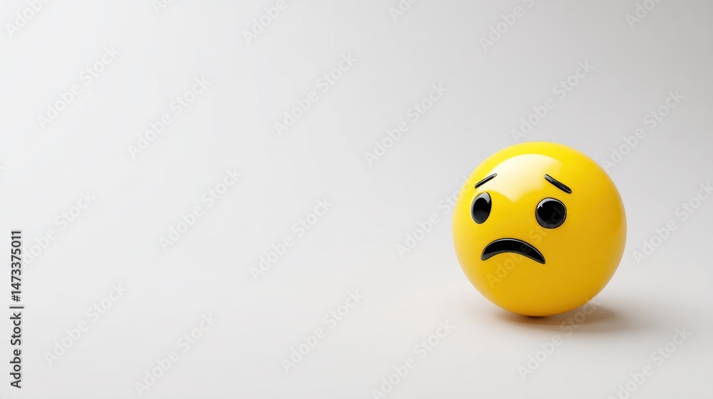 Fototapeta premium Sad yellow smiley face ball on a white surface with soft shadows.