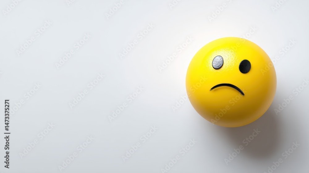 Fototapeta premium Yellow sad face ball with one eye on white surface.