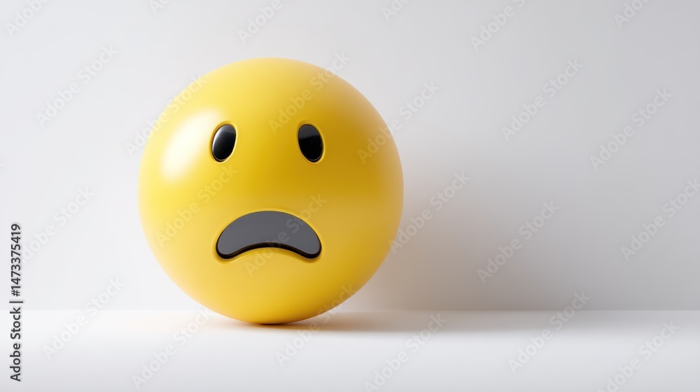 Fototapeta premium Yellow emoji ball with a sad expression on a white surface.