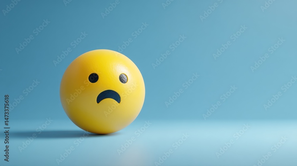 Fototapeta premium Yellow ball with sad face expression on blue background studio shot.