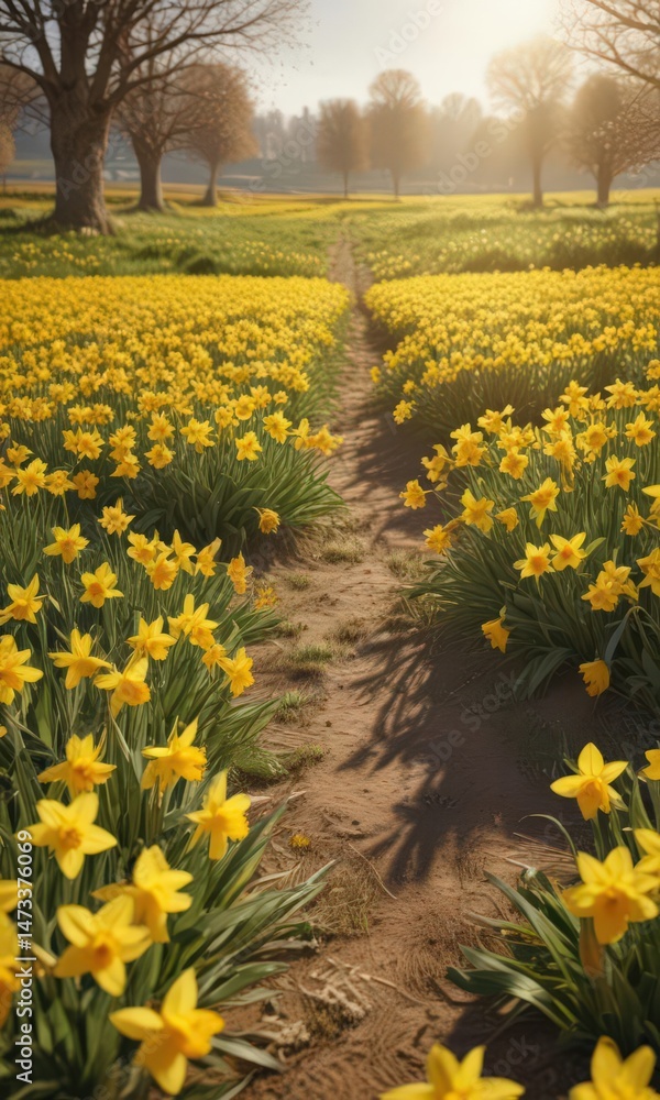 Fototapeta premium Golden daffodils carpet a sunny field, cheerful spring scene, macro, vibrant