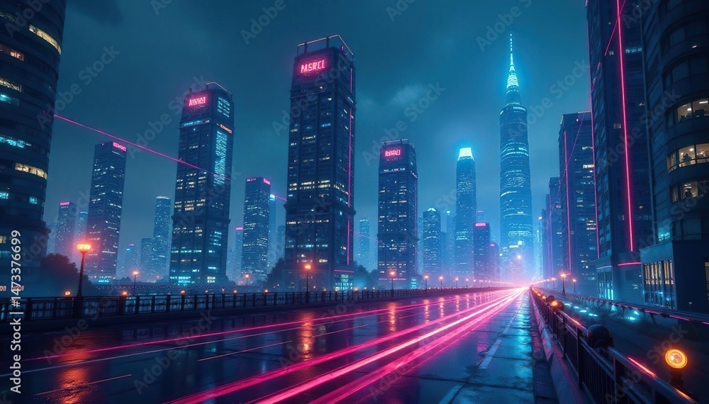 Fototapeta premium Futuristic cityscape at night, glowing holographic buildings and flying vehicles , night background, abstract background, abstract design