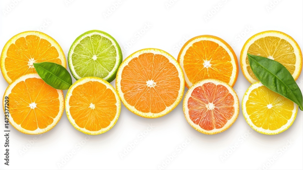 Fresh citrus fruit slices arranged on white surface, including leaves near lemon. Fresh citrus fruit slices arranged on white surface, including leaves near lemon.