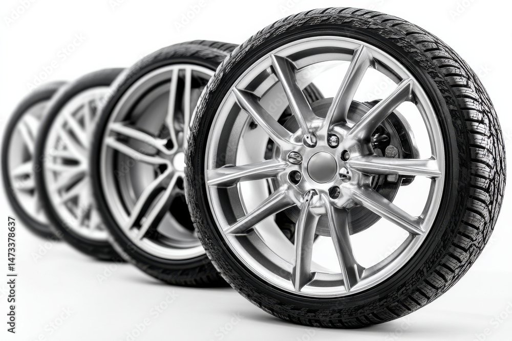 Fototapeta premium Set of tires and alloy wheels isolated on white background representing automotive equipment and parts