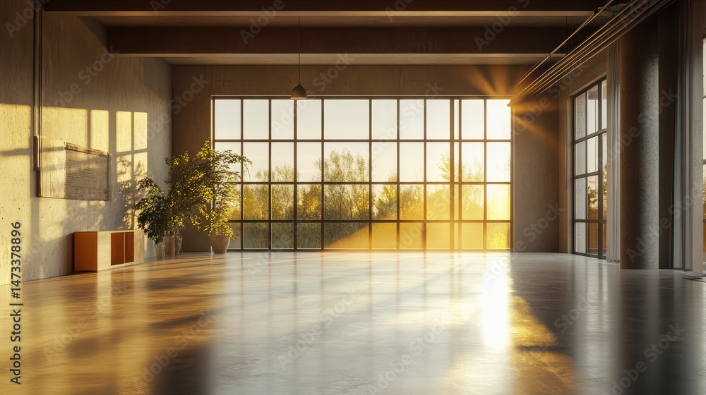 A large room with a window and a potted plant A large room with a window and a potted plant