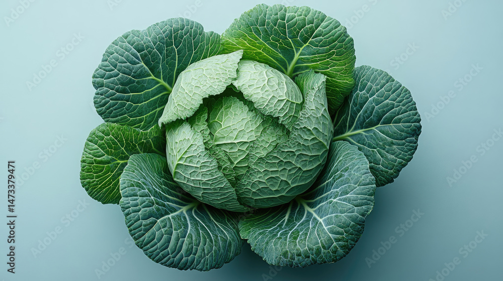 Obraz premium A whole, fresh green cabbage, viewed from above, sits on a pale teal background. Its leaves are tightly packed and vibrant