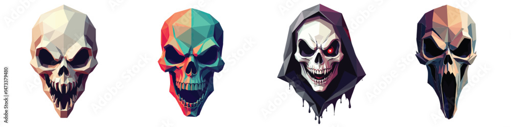 Cut-out set of low-poly haunted ghoul face in a vector illustration against a Transparent or white background, best for logo design, print, sticker or clipart. Cut-out set of low-poly haunted ghoul face in a vector illustration against a Transparent or white background, best for logo design, print, sticker or clipart.