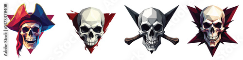 Cut-out set of low-poly cursed pirate skull in a vector illustration against a Transparent or white background, best for logo design, print, sticker or clipart.