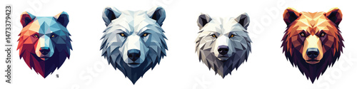 Cut-out set of low-poly winter bear head in a vector illustration against a Transparent or white background, best for logo design, print, sticker or clipart.