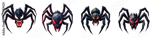 Cut-out set of low-poly venomous spider face in a vector illustration against a Transparent or white background, best for logo design, print, sticker or clipart.