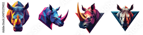 Cut-out set of low-poly thunder rhino head in a vector illustration against a Transparent or white background, best for logo design, print, sticker or clipart.