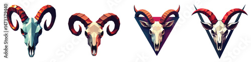 Cut-out set of low-poly mystic goat skull in a vector illustration against a Transparent or white background, best for logo design, print, sticker or clipart.