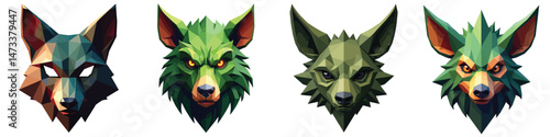 Cut-out set of low-poly forest guardian mask in a vector illustration against a Transparent or white background, best for logo design, print, sticker or clipart.