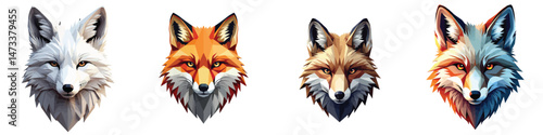 Cut-out set of low-poly arctic fox head in a vector illustration against a Transparent or white background, best for logo design, print, sticker or clipart.