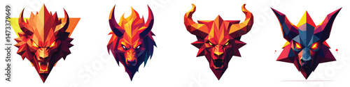 Cut-out set of low-poly magma beast head in a vector illustration against a Transparent or white background, best for logo design, print, sticker or clipart.